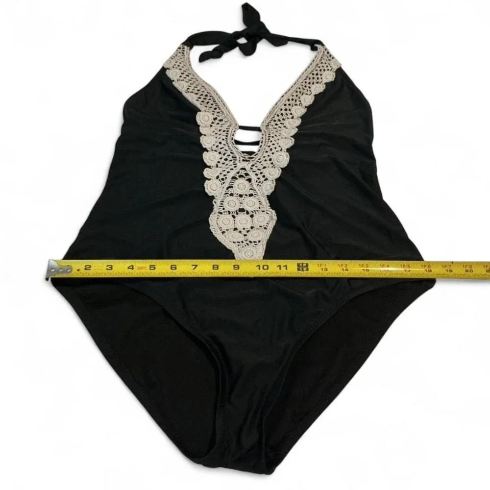 Kona Sol One Piece Swimsuit Women Large Black Crochet Halter V-Neck‎